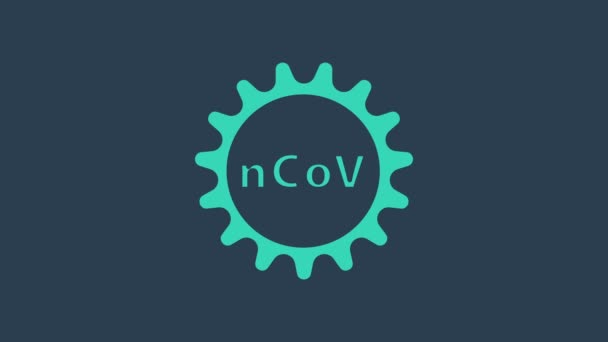 Turquoise Corona virus 2019-nCoV icône isolée sur fond bleu. Bactéries et germes, cancer cellulaire, microbes, champignons. Animation graphique de mouvement vidéo 4K — Video