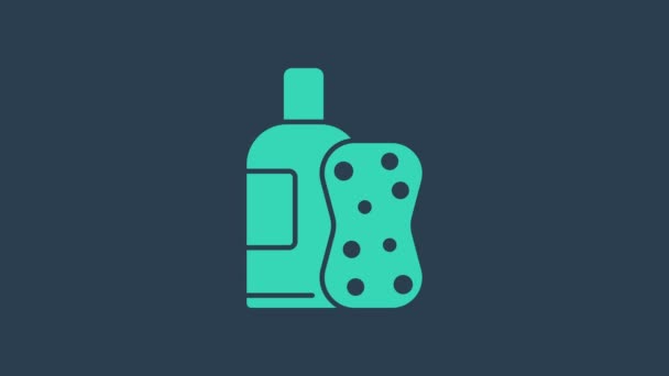 ターコイズブルーの背景に孤立したシャンプーとスポンジアイコンのボトル。4Kビデオモーショングラフィックアニメーション — ストック動画