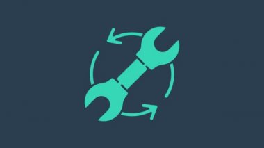 İş akışı simgesi olarak mavi arkaplanda izole edilmiş turkuaz anahtarlar ve oklar. Ayarlama, servis, ayar, bakım, onarım, onarım. 4K Video hareketli grafik canlandırması