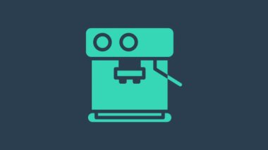 Turkuaz kahve makinesi ikonu mavi arka planda izole edilmiş. 4K Video hareketli grafik canlandırması