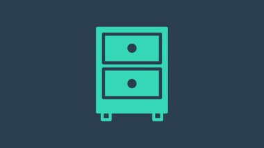 Mavi arkaplanda belge simgesi olan turkuaz çekmece. Arşiv çekmecesi. Dosya dolabı çekmecesi. Ofis mobilyası. 4K Video hareketli grafik canlandırması