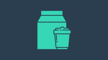 Turkuaz Çevrimiçi sipariş ve fast food dağıtım ikonu mavi arka planda izole edildi. 4K Video hareketli grafik canlandırması