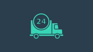 Turkuaz hızla mavi arka planda izole edilmiş bir araba ikonu ile teslim ediliyor. 4K Video hareketli grafik canlandırması