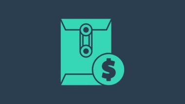 Turkuaz zarf, mavi arka planda izole edilmiş madeni para sembolü simgesi. Maaş zammı, maaş bordrosu, tazminat geliri. 4K Video hareketli grafik canlandırması