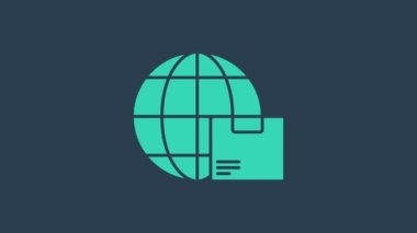 Turkuaz Dünya çapında nakliye ve karton kutu simgesi mavi arkaplanda izole edildi. 4K Video hareketli grafik canlandırması