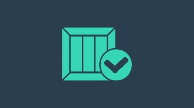 Mavi arkaplanda işaret simgesi olan turkuaz tahta kutu. Paket kutusu. Onaylanmış teslimat veya başarılı paket makbuzu. 4K Video hareketli grafik canlandırması