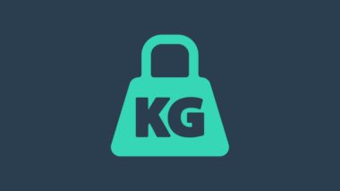 Mavi arkaplanda turkuaz ağırlık simgesi izole edildi. Kilogram ağırlık kaldırmak ve ölçmek için ağırlık bloğu. Kütle sembolü. 4K Video hareketli grafik canlandırması