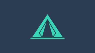 Turkuaz turist çadırı simgesi mavi arka planda izole edildi. Kamp sembolü. 4K Video hareketli grafik canlandırması