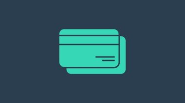 Turkuaz kredi kartı simgesi mavi arkaplanda izole edildi. Çevrimiçi ödeme. Nakit çekilmesi. Finansal operasyonlar. Alışveriş tabelası. 4K Video hareketli grafik canlandırması