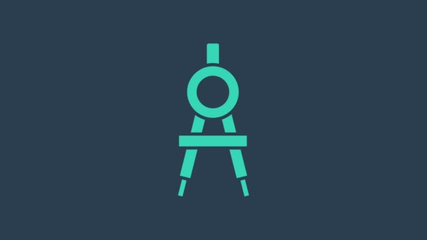 Türkises Zeichenkompass-Symbol isoliert auf blauem Hintergrund. Kompass-Zeichen. Zeichen- und Erziehungswerkzeuge. Geometrisches Instrument. 4K Video Motion Grafik Animation — Stockvideo