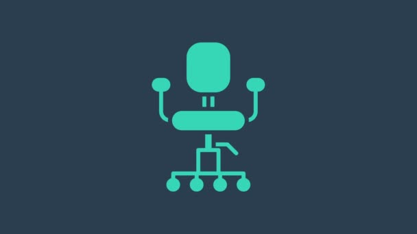 Turkusowa ikona krzesła biurowego na niebieskim tle. 4K Animacja graficzna ruchu wideo — Wideo stockowe