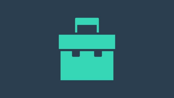 Maletín de color turquesa icono aislado sobre fondo azul. Firma del caso. Portafolio empresarial. Animación gráfica de vídeo 4K — Vídeo de stock