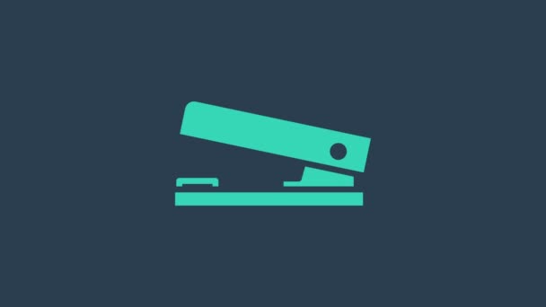 Turquoise Office nietmachine pictogram geïsoleerd op blauwe achtergrond. Nietmachine, nietmachine, papier, karton, kantoorapparatuur. 4K Video motion grafische animatie — Stockvideo