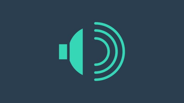 Volume altoparlante turchese, simbolo audio del suono vocale, icona musicale multimediale isolata su sfondo blu. Animazione grafica 4K Video motion — Video Stock