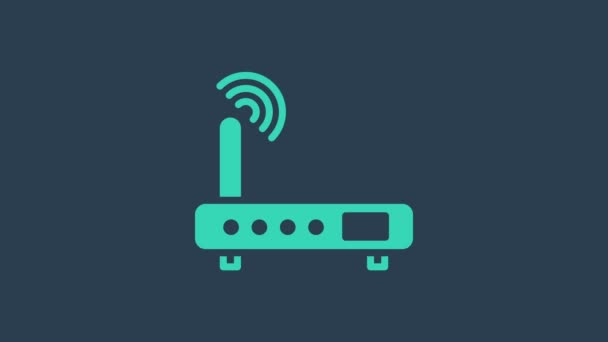 터보 리스 라우터 (Turquoise Router) 와 와이파이 신호 아이콘은 파란 배경에 분리되어 있다. 무선 인터넷 연결 라우터. 컴퓨터 기술 인터넷. 4K 비디오 모션 그래픽 애니메이션 — 비디오
