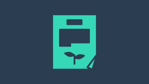 Hoja de Turquesa icono de documento aislado sobre fondo azul. Icono de archivo de naturaleza. Animación gráfica de vídeo 4K — Vídeo de stock