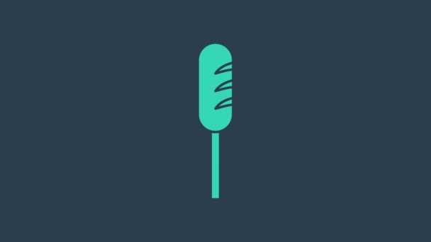 绿松石油炸腊肠图标孤立在蓝色背景.烤香肠和香味标志。4K视频运动图形动画 — 图库视频影像