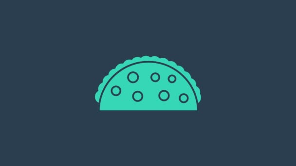 Taco Turquesa con icono de tortilla aislado sobre fondo azul. Menú tradicional mexicano de comida rápida. Animación gráfica de vídeo 4K — Vídeos de Stock