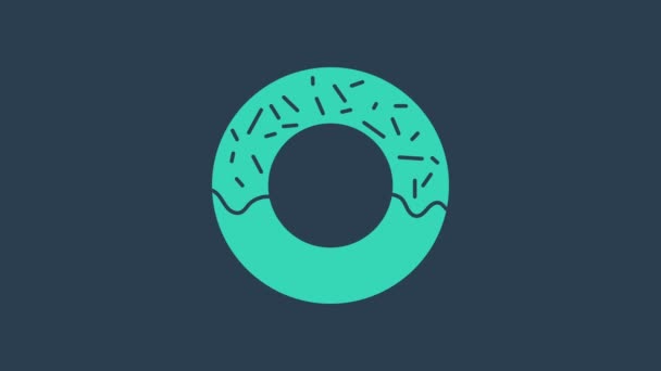 Donut turquesa con icono de esmalte dulce aislado sobre fondo azul. Animación gráfica de vídeo 4K — Vídeos de Stock