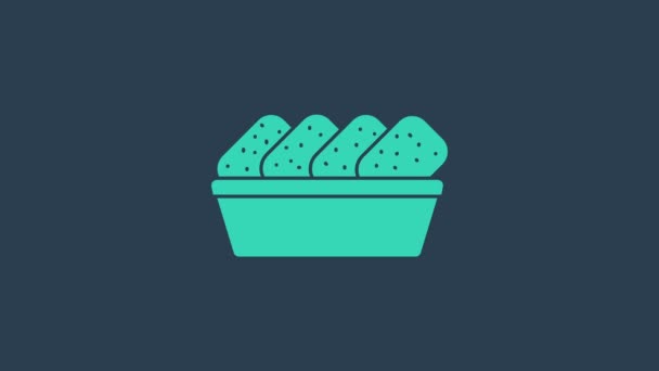 Turquoise Chicken nuggets in box icon isolated on blue background. 4K Video motion graphic animation — Stock Video