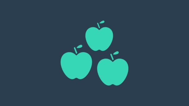 Icono de manzana turquesa aislado sobre fondo azul. Fruta con símbolo de hoja. Animación gráfica de vídeo 4K — Vídeos de Stock