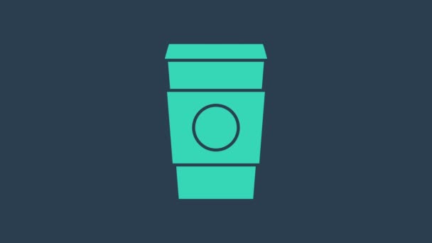 Turkusowy kubek kawy, aby przejść do ikony izolowane na niebieskim tle. 4K Animacja graficzna ruchu wideo — Wideo stockowe