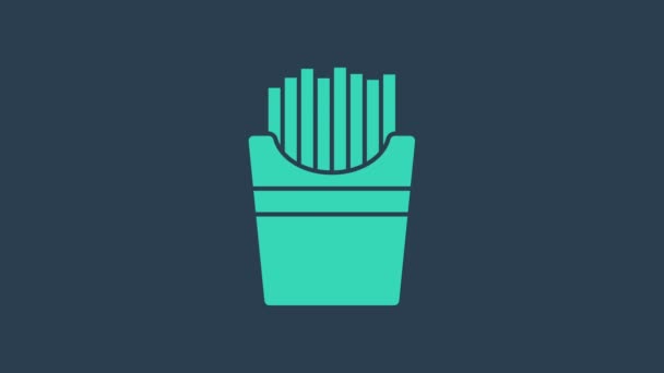 Tyrkysová Brambory hranolky v krabičce ikona izolované na modrém pozadí. Rychlé občerstvení. Grafická animace pohybu videa 4K — Stock video
