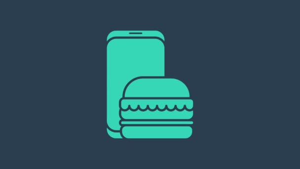 Türkiz Online rendelés és gyorsétterem szállítási ikon elszigetelt kék háttérrel. Burger jel. 4K Videó mozgás grafikus animáció — Stock videók