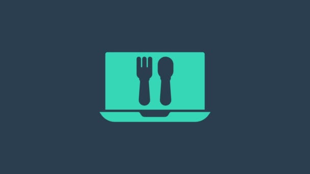 Turquoise Online bestellen en fast food levering pictogram geïsoleerd op blauwe achtergrond. 4K Video motion grafische animatie — Stockvideo