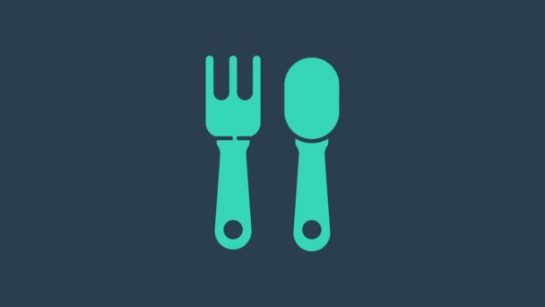 Forchetta turchese e icona cucchiaio isolato su sfondo blu. Utensile da cucina. Segno di posate. Animazione grafica 4K Video motion — Video Stock
