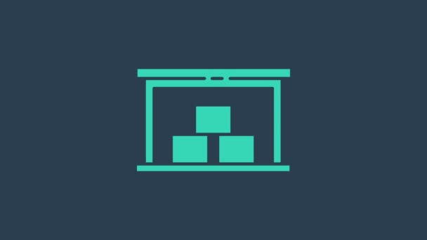 Icône de l'entrepôt turquoise isolée sur fond bleu. Animation graphique de mouvement vidéo 4K