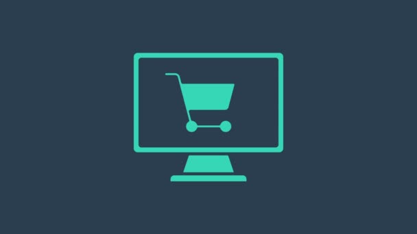 Turquesa Carro de compras en la pantalla icono del ordenador aislado sobre fondo azul. Concepto e-commerce, e-business, marketing online. Animación gráfica de vídeo 4K — Vídeo de stock
