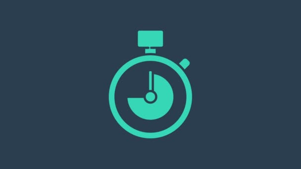 Turquoise Stopwatch icoon geïsoleerd op blauwe achtergrond. Tijdklok teken. Chronometerteken. 4K Video motion grafische animatie — Stockvideo