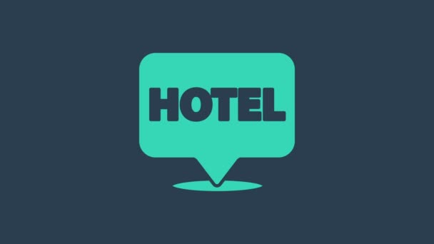 Türkis Lage Hotel Symbol isoliert auf blauem Hintergrund. Konzeptsymbol für Hotel, Hostel, Reisen, Wohnungsmieten, Immobilien. 4K Video Motion Grafik Animation — Stockvideo