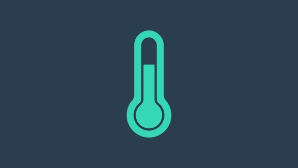 Turkusowy termometr meteorologiczny odizolowany na niebieskim tle. Urządzenia termometryczne pokazujące gorącą lub zimną pogodę. 4K Animacja graficzna ruchu wideo — Wideo stockowe