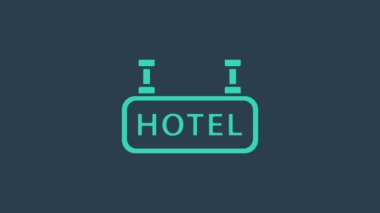 Mavi arka planda izole edilmiş bir metin otel simgesi olan turkuaz tabela açık hava reklamı. 4K Video hareketli grafik canlandırması