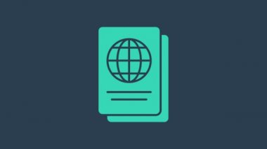 Mavi arka planda biyometrik veri simgesine sahip turkuaz pasaport. Kimlik Belgesi. 4K Video hareketli grafik canlandırması