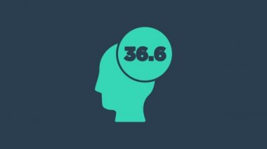 Turkuaz tıbbi termometre mavi arkaplanda izole edilmiş normal sıcaklık simgesi gösteriyor. 4K Video hareketli grafik canlandırması