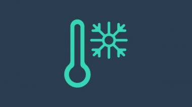 Mavi zemin üzerinde kar tanesi ikonu olan turkuaz termometre. 4K Video hareketli grafik canlandırması