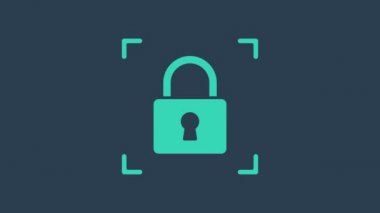 Mavi arkaplanda kilit simgesi izole edilmiş turkuaz parmak izi. Kimlik uygulaması simgesi. Kimlik işareti. Kimliğe dokun. 4K Video hareketli grafik canlandırması