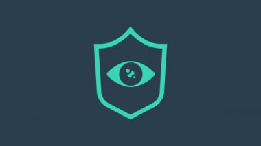 Turkuaz Kalkan göz tarama simgesi mavi arkaplanda izole edildi. Göz taraması yapılıyor. Güvenlik kontrol sembolü. Siber göz işareti. 4K Video hareketli grafik canlandırması