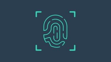 Mavi arkaplanda turkuaz parmak izi simgesi izole edildi. Kimlik uygulaması simgesi. Kimlik işareti. Kimliğe dokun. 4K Video hareketli grafik canlandırması