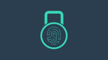 Mavi arkaplanda kilit simgesi izole edilmiş turkuaz parmak izi. Kimlik uygulaması simgesi. Kimlik işareti. Kimliğe dokun. 4K Video hareketli grafik canlandırması