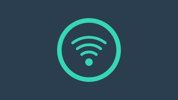 Ícone de símbolo de rede de internet sem fio turquesa Wi-Fi isolado no fundo azul. Animação gráfica em movimento de vídeo 4K — Vídeo de Stock