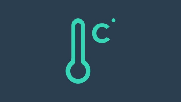 Turkusowy termometr meteorologiczny odizolowany na niebieskim tle. Urządzenia termometryczne pokazujące gorącą lub zimną pogodę. 4K Animacja graficzna ruchu wideo — Wideo stockowe