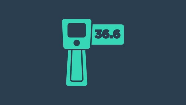 Türkis Digitales kontaktloses Thermometer mit Infrarotlicht-Symbol auf blauem Hintergrund. 4K Video Motion Grafik Animation — Stockvideo
