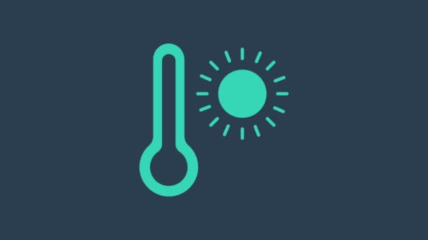 Бирюзовый метеорологический термометр, измеряющий тепло и холодную иконку на синем фоне. Термометр показывает жаркую или холодную погоду. Видеографическая анимация 4K — стоковое видео