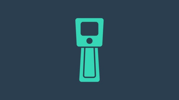 Tyrkysový digitální bezkontaktní teploměr s ikonou infračerveného světla izolovanou na modrém pozadí. Grafická animace pohybu videa 4K — Stock video