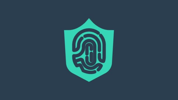Escudo de proteção turquesa ícone de impressão digital codificado isolado no fundo azul. Ícone do aplicativo ID. Sinal de identificação. Conceito de varredura de dedo de segurança. Animação gráfica em movimento de vídeo 4K — Vídeo de Stock