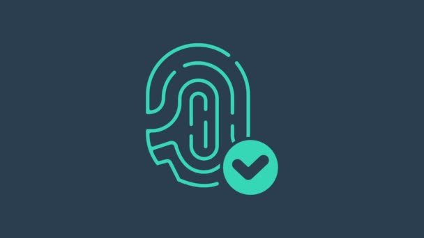Huella digital turquesa con icono de marca de verificación aislado sobre fondo azul. Icono de aplicación ID. Signo de identificación. Touch id. Animación gráfica de vídeo 4K — Vídeos de Stock